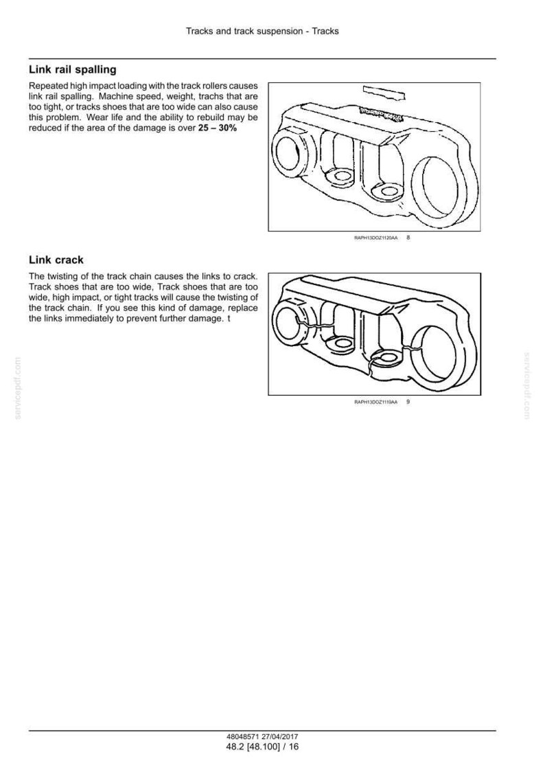 May include: Technical diagram of a track suspension component, featuring a detailed illustration of a link rail. The diagram includes text describing link rail spalling and link crack issues, with associated text.