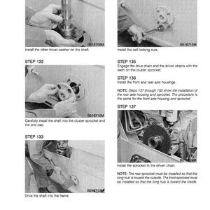 May include: A page from a manual with several black and white images illustrating mechanical assembly steps. Text includes "STEP 131" to "STEP 137" with instructions like "Install the other thrust washer on the shaft."