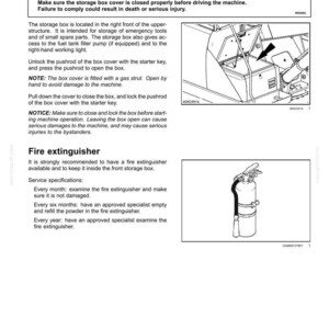 May include: Diagram of a front storage box and a fire extinguisher. The storage box is located in the upper structure and is for emergency tools and spare parts. The fire extinguisher is cylindrical with a hose and nozzle.