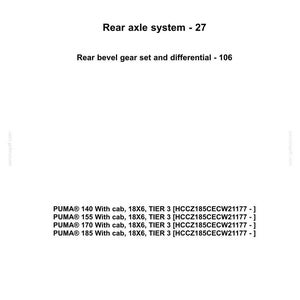 May include: A white document with the CASE IH Agriculture logo, listing details for a rear axle system. Text includes "Rear axle system - 27" and "Rear bevel gear set and differential - 106". Also lists PUMA&reg; tractor models with specifications.