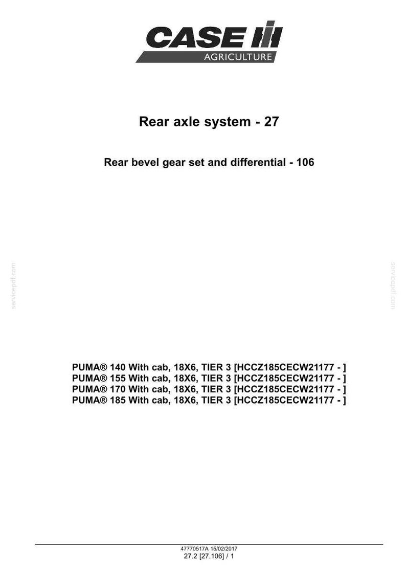 May include: A white document with the CASE IH Agriculture logo, listing details for a rear axle system. Text includes "Rear axle system - 27" and "Rear bevel gear set and differential - 106". Also lists PUMA&reg; tractor models with specifications.