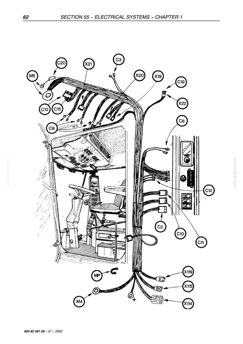 May include: Diagram of an electrical system, likely for a vehicle, with numerous wires, connectors, and labeled components. The image includes text such as "SECTION 55 - ELECTRICAL SYSTEMS - CHAPTER 1" and various component identifiers like "C20", "X21", and "M5".