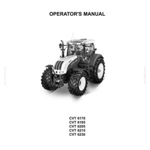 May include: A white and black operator's manual for a Steyr tractor. The cover features the Steyr logo, a graphic of a tractor, and the model numbers CVT 6170, 6185, 6205, 6215, and 6230. The document is dated January 2013 and includes the code Bas-47457280.