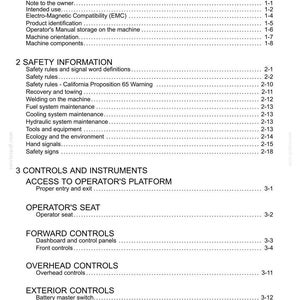 May include: A page from a manual titled "Contents" with a list of topics including "General Information", "Safety Information", and "Controls and Instruments". The text is black on a white background.