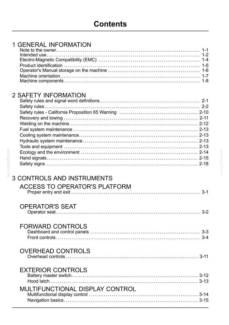 May include: A page from a manual titled "Contents" with a list of topics including "General Information", "Safety Information", and "Controls and Instruments". The text is black on a white background.