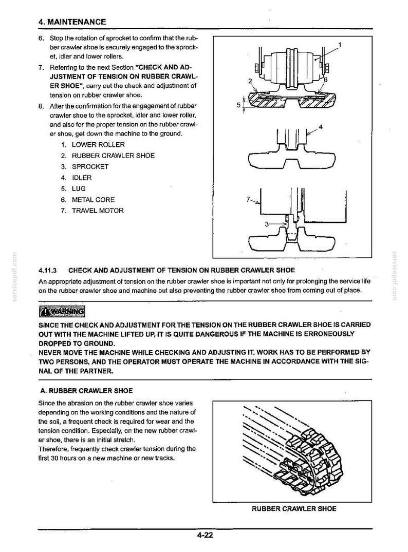 Op de afbeelding: Een pagina uit een technisch handboek getiteld 4. ONDERHOUD met diagrammen van een rubberen rupsband, onderrol, tandwiel, spanwiel, nok, metalen kern en rijmotor. De tekst bevat instructies voor het controleren en afstellen van de spanning.