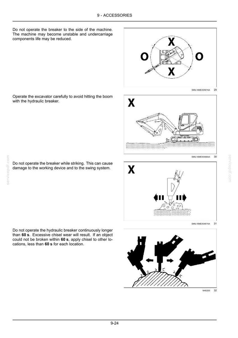 K&ouml;nnte beinhalten: Eine Seite aus einem technischen Handbuch mit dem Titel 9-ACCESSORIES, die vier schwarz-wei&szlig;e Diagramme zur Veranschaulichung von Sicherheitsrichtlinien f&uuml;r den Betrieb eines hydraulischen Abbruchhammers an einem Bagger enth&auml;lt.