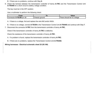 May include: A page from an electrical systems manual with fault codes. The text includes instructions for checking connectors, harnesses, and voltage, with a table detailing checks from connector X-TECM pin 39 to chassis ground.