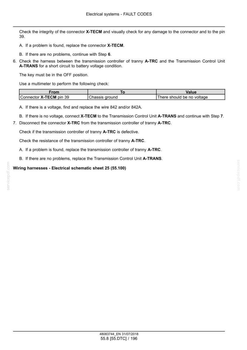 May include: A page from an electrical systems manual with fault codes. The text includes instructions for checking connectors, harnesses, and voltage, with a table detailing checks from connector X-TECM pin 39 to chassis ground.