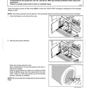 May include: Diagram of an engine primary air filter maintenance procedure. Includes warnings about flying debris and compressed air. Instructions detail removing the cover and primary element, and cleaning with compressed air.