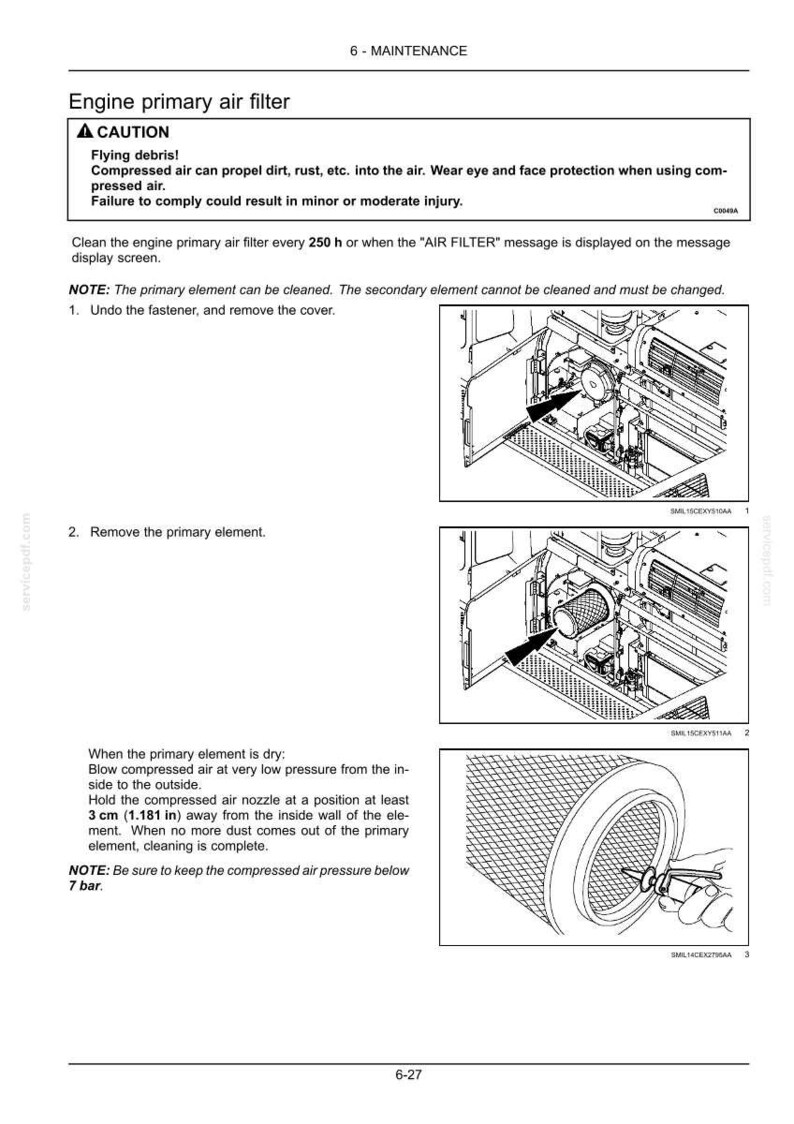 May include: Diagram of an engine primary air filter maintenance procedure. Includes warnings about flying debris and compressed air. Instructions detail removing the cover and primary element, and cleaning with compressed air.