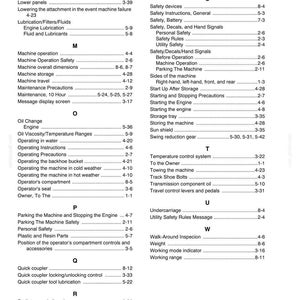 May include: Index page from a manual, titled "CHAPTER 9 - INDEX". The page lists various topics with page numbers, including "Lifting loads", "Machine operation", "Safety devices", and "Quick coupler".