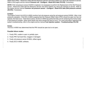 May include: A document detailing fault codes for electrical systems, specifically focusing on the "Pressure Relief Valve." The text explains the issue of averaged rail pressure being outside the expected tolerance range, including notes and possible failure modes.