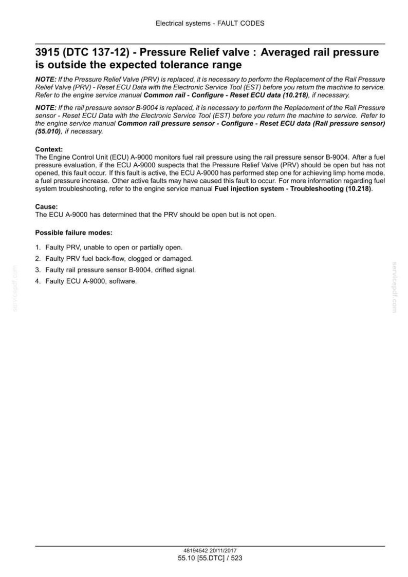 May include: A document detailing fault codes for electrical systems, specifically focusing on the "Pressure Relief Valve." The text explains the issue of averaged rail pressure being outside the expected tolerance range, including notes and possible failure modes.