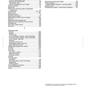 May include: A black and white index page from a technical manual, featuring alphabetical lists of tractor components and systems under the headings S, T, V, and W, with corresponding page numbers and a footer containing legal copyright text.