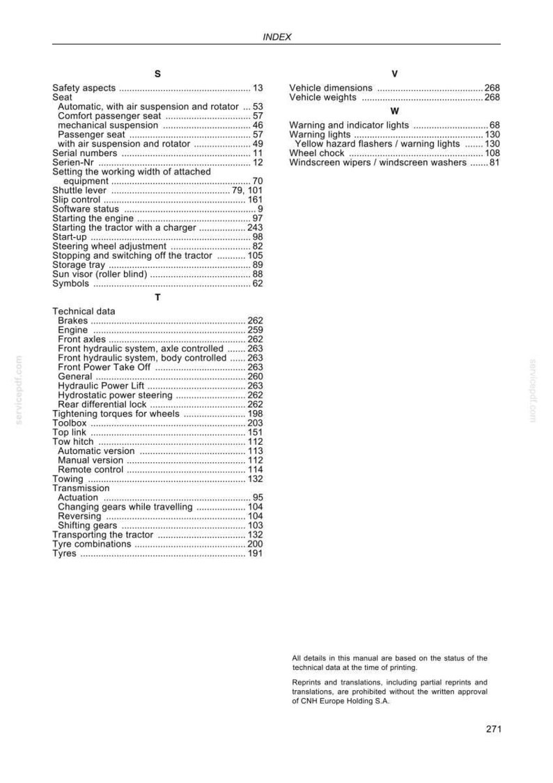 May include: A black and white index page from a technical manual, featuring alphabetical lists of tractor components and systems under the headings S, T, V, and W, with corresponding page numbers and a footer containing legal copyright text.