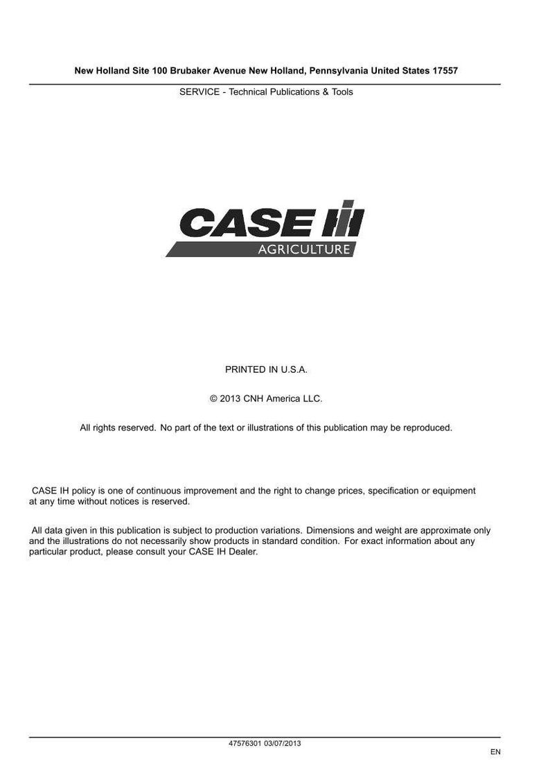 May include: A white document with the "CASE IH AGRICULTURE" logo in black and red. The text includes the address of New Holland, PA, and copyright information. The document is printed in the U.S.A.