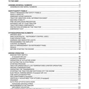 May include: A black and white table of contents page for a tractor manual. The text lists sections including CE Declaration of Conformity, Safety Panels, Fittings, Operating Elements, and Driving Operation, with corresponding page numbers on the right.