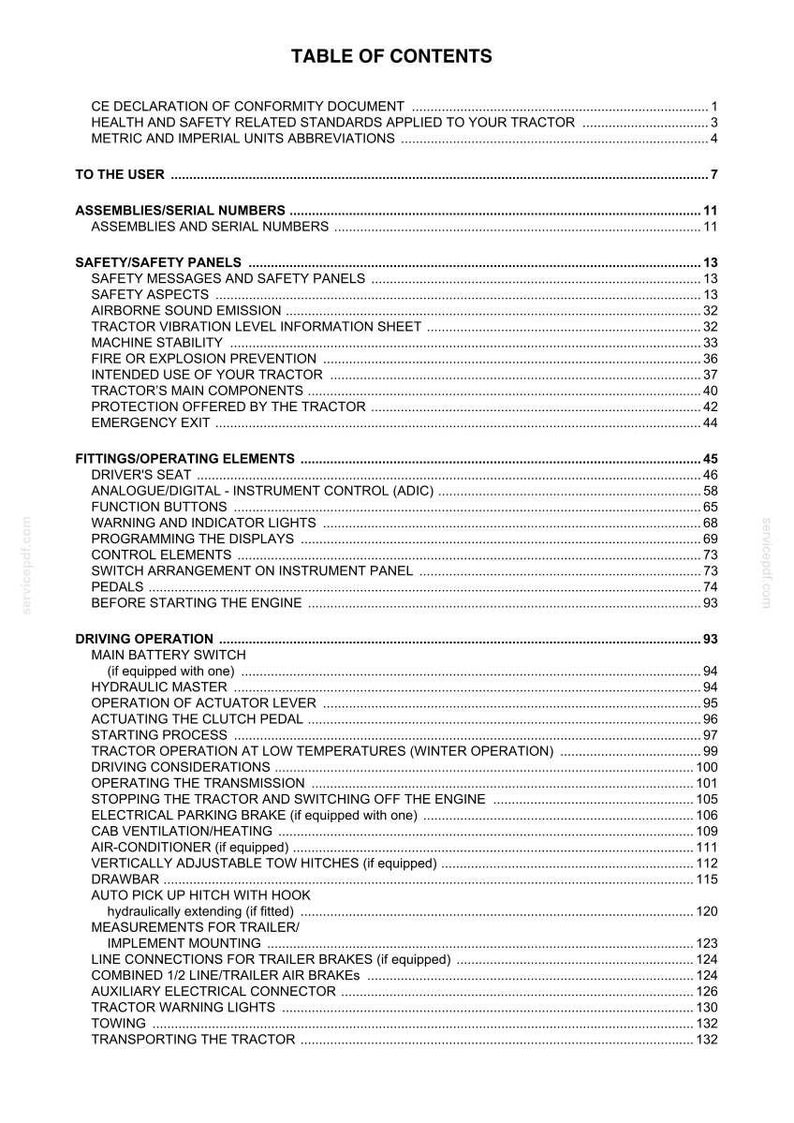 May include: A black and white table of contents page for a tractor manual. The text lists sections including CE Declaration of Conformity, Safety Panels, Fittings, Operating Elements, and Driving Operation, with corresponding page numbers on the right.