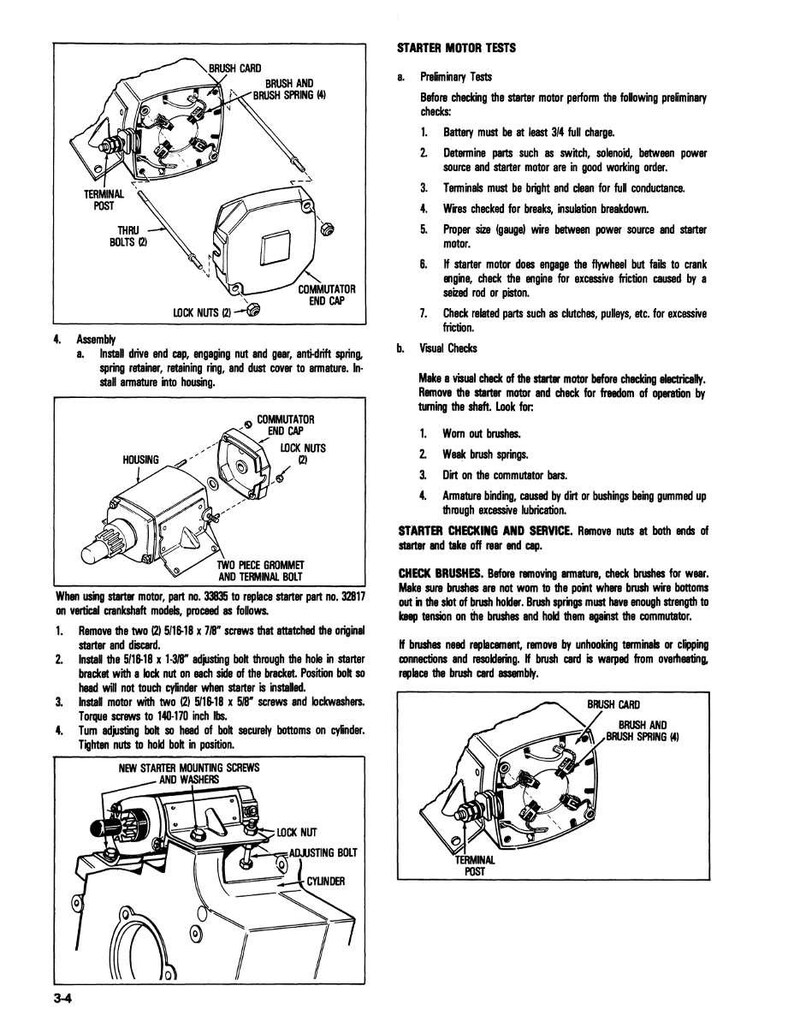 May include: Diagram of starter motor components with labels like "Brush Card," "Terminal Post," and "Lock Nuts." Instructions and diagrams detail assembly and testing procedures for the motor.