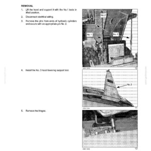 May include: A page from a manual detailing the removal of hood hydraulic cylinders. The text includes instructions and diagrams with labels like "No. 1", "No. 2", and "No. 3". The manual's title is "Section 35 - Hydraulic System - Chapter 1".