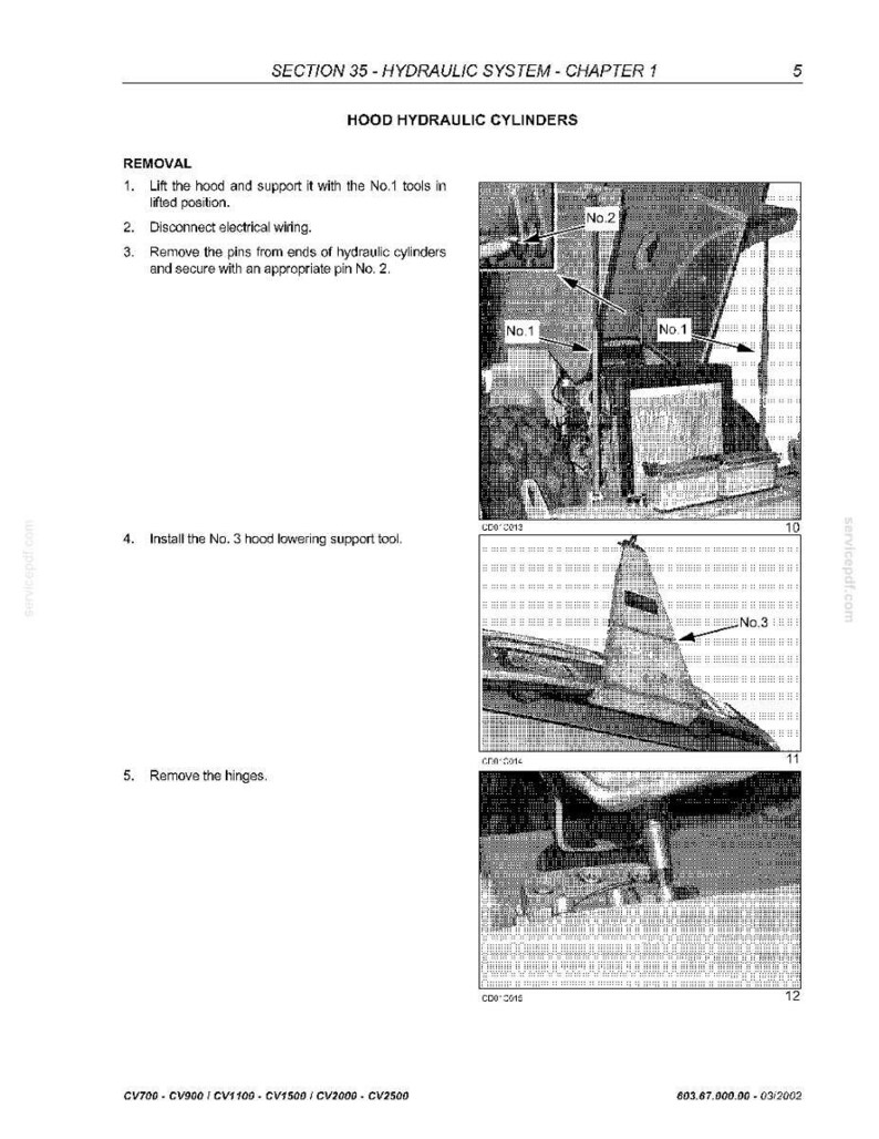 May include: A page from a manual detailing the removal of hood hydraulic cylinders. The text includes instructions and diagrams with labels like "No. 1", "No. 2", and "No. 3". The manual's title is "Section 35 - Hydraulic System - Chapter 1".