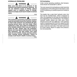 May include: A page from a manual titled "Section 35 - Hydraulics - Chapter 3" with troubleshooting information. The text includes warnings about hydraulic problems and oil overheating, with safety precautions and technical details.