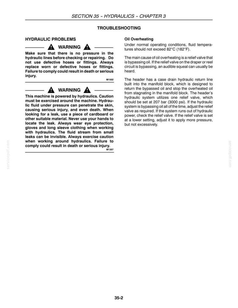 May include: A page from a manual titled "Section 35 - Hydraulics - Chapter 3" with troubleshooting information. The text includes warnings about hydraulic problems and oil overheating, with safety precautions and technical details.