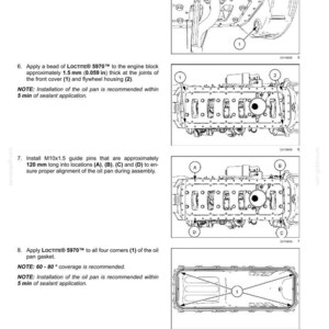 May include: Diagrams illustrating engine pan and cover assembly steps. Includes instructions for applying sealant, installing guide pins (approximately 4.7 inches long), and removing the plug from the flywheel housing. The diagrams are labeled with numbered and lettered callouts.