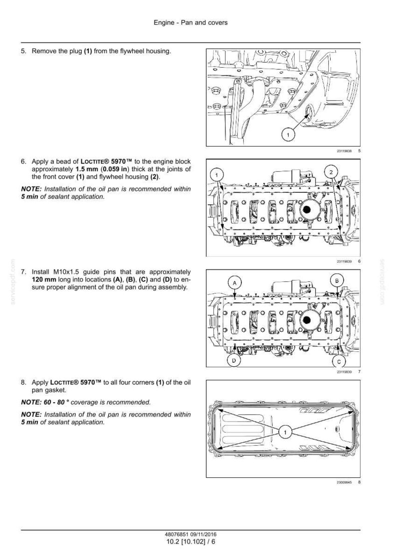 May include: Diagrams illustrating engine pan and cover assembly steps. Includes instructions for applying sealant, installing guide pins (approximately 4.7 inches long), and removing the plug from the flywheel housing. The diagrams are labeled with numbered and lettered callouts.