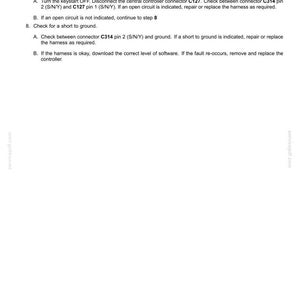 May include: A white document with the title "Electrical systems - FAULT CODES" and troubleshooting steps. Instructions include checking for open circuits and shorts to ground, and connector details like C314 and C127.