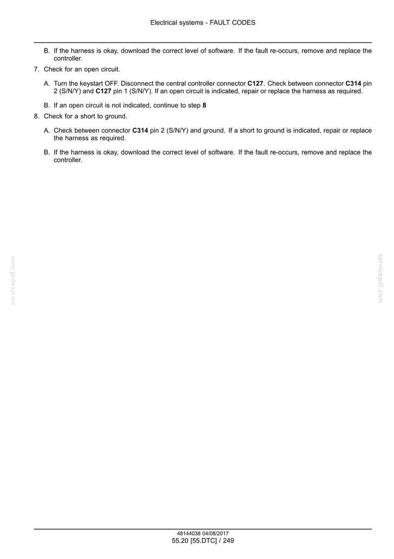 May include: A white document with the title "Electrical systems - FAULT CODES" and troubleshooting steps. Instructions include checking for open circuits and shorts to ground, and connector details like C314 and C127.