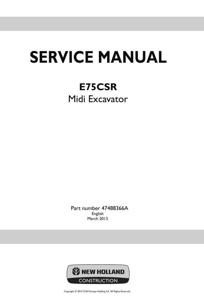 May include: A white service manual cover with the text "SERVICE MANUAL" in bold black letters. Below, it reads "E75CSR Midi Excavator." The part number is 47488366A, and the manual is in English, dated March 2013. A New Holland Construction logo is at the bottom.