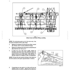 May include: A technical diagram titled FRAME LEVELLING - Height adjust Wing Section, showing a mechanical agricultural implement with numbered components. It includes instructions for measuring ground distance and adjusting the threaded connector.