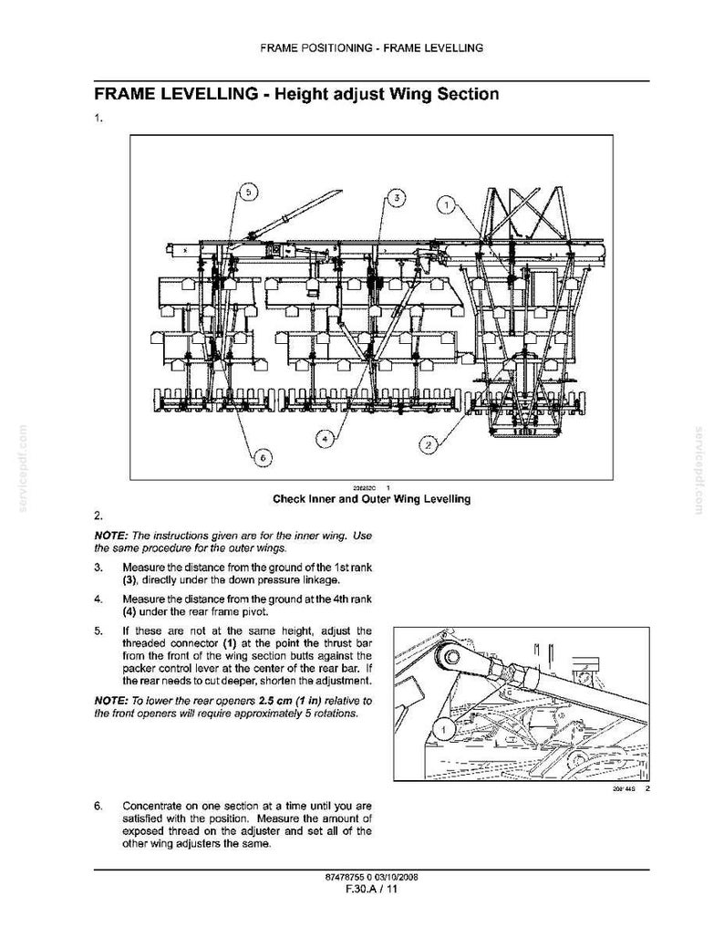 May include: A technical diagram titled FRAME LEVELLING - Height adjust Wing Section, showing a mechanical agricultural implement with numbered components. It includes instructions for measuring ground distance and adjusting the threaded connector.