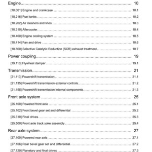 May include: A page from a manual titled "Contents" with a list of engine and transmission components. The table of contents includes sections on the engine, power coupling, transmission, front and rear axle systems, and power take-off.