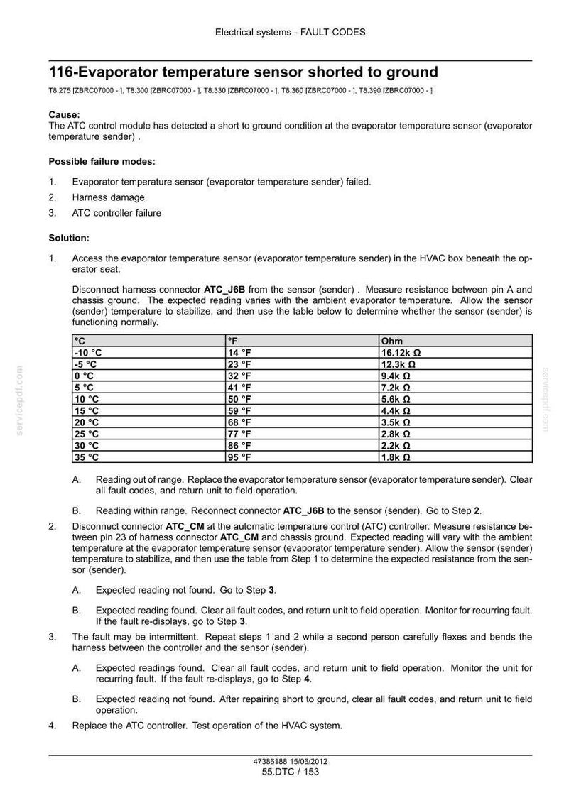 Pu&ograve; includere: Documento tecnico che descrive i codici di errore per un sensore di temperatura dell'evaporatore automobilistico. Include passaggi per la risoluzione dei problemi, possibili modalit&agrave; di guasto e una tabella con valori di temperatura e resistenza.