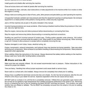 May include: A page from a manual with safety instructions. The text covers general maintenance, wheels, and tires, including warnings about hot components, welding, and tire inflation. The document includes a date and page number.
