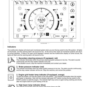 May include: A technical diagram of a vehicle's digital dashboard display labeled 3-CONTROLS AND INSTRUMENTS. It features a central tachometer showing 1520 RPM, a speedometer at 12.6 km/h, various status icons numbered 1-19, and text indicators.