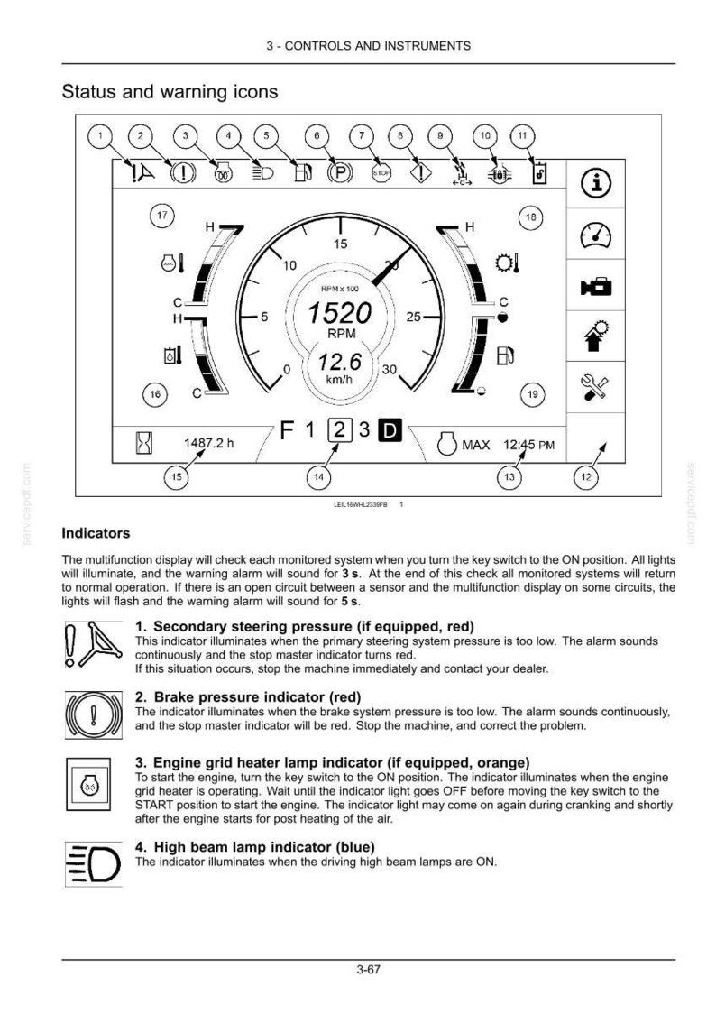 May include: A technical diagram of a vehicle's digital dashboard display labeled 3-CONTROLS AND INSTRUMENTS. It features a central tachometer showing 1520 RPM, a speedometer at 12.6 km/h, various status icons numbered 1-19, and text indicators.