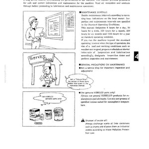 May include: A page from a technical manual titled Chapter 4 Maintenance, featuring text instructions and three black and white illustrations. The images depict a worker reading a schedule, a service shop, and various containers of lubricants.