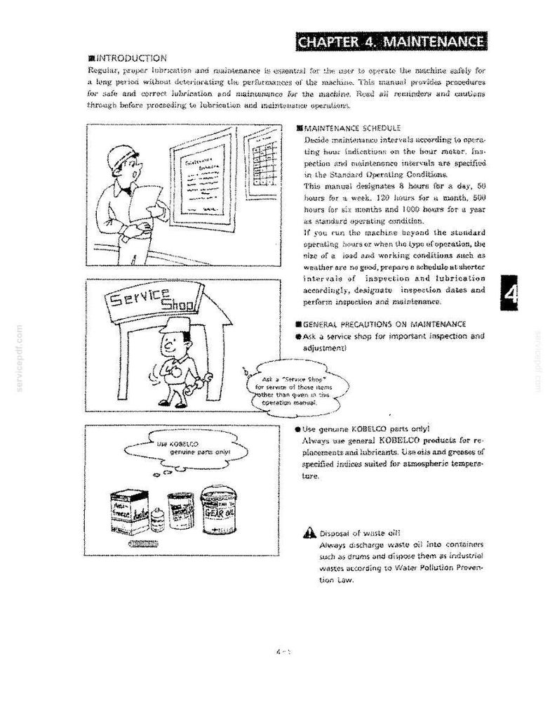 May include: A page from a technical manual titled Chapter 4 Maintenance, featuring text instructions and three black and white illustrations. The images depict a worker reading a schedule, a service shop, and various containers of lubricants.