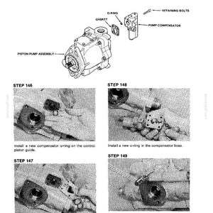 K&ouml;nnte beinhalten: Diagramm zur Installation eines Pumpenkompensators. Das Bild enth&auml;lt eine Kolbenpumpenbaugruppe, einen O-Ring, eine Dichtung und einen Pumpenkompensator. Schritt-f&uuml;r-Schritt-Anweisungen sind enthalten, mit Nahaufnahmen des Installationsvorgangs. Der Text enth&auml;lt Drehmomentangaben.