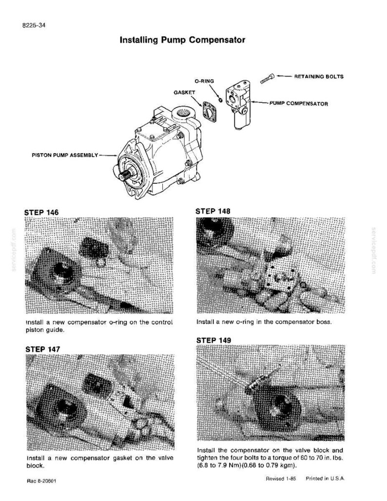 K&ouml;nnte beinhalten: Diagramm zur Installation eines Pumpenkompensators. Das Bild enth&auml;lt eine Kolbenpumpenbaugruppe, einen O-Ring, eine Dichtung und einen Pumpenkompensator. Schritt-f&uuml;r-Schritt-Anweisungen sind enthalten, mit Nahaufnahmen des Installationsvorgangs. Der Text enth&auml;lt Drehmomentangaben.