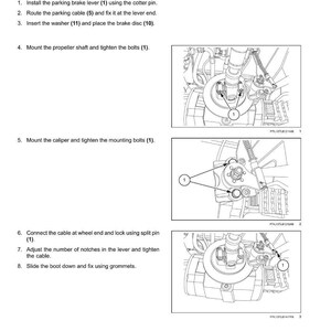 May include: Diagram of a parking brake assembly with numbered steps for installation. Includes close-up views of the brake components, such as the lever, cable, washer, and bolts. Text instructions are provided.