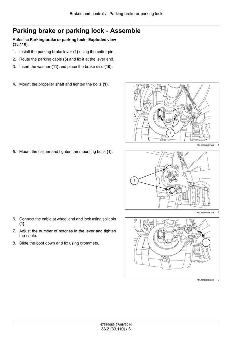 May include: Diagram of a parking brake assembly with numbered steps for installation. Includes close-up views of the brake components, such as the lever, cable, washer, and bolts. Text instructions are provided.
