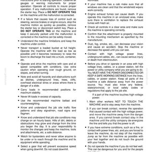 May include: A page from a manual titled "Chapter 2 - Safety and Decals" with safety precautions for operating machinery. Text includes warnings about malfunctions, hazards, and electrical lines. The page is white with black text.