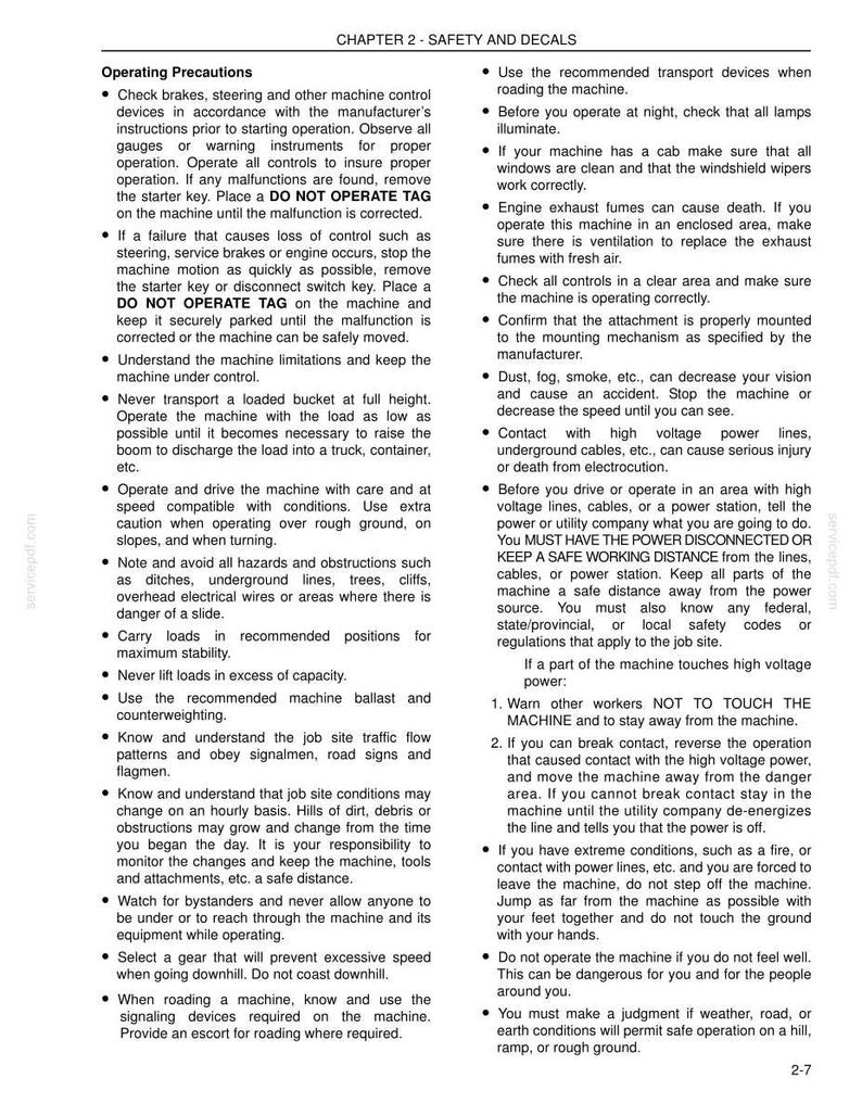 May include: A page from a manual titled "Chapter 2 - Safety and Decals" with safety precautions for operating machinery. Text includes warnings about malfunctions, hazards, and electrical lines. The page is white with black text.