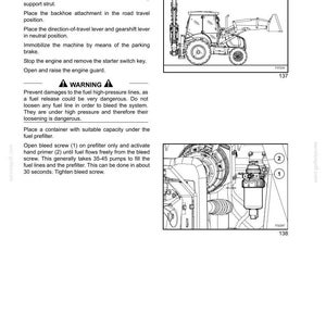 May include: Technical diagram illustrating fuel system bleeding procedures for a construction vehicle. The image includes a line drawing of the vehicle and detailed diagrams of the fuel prefilter. Text provides instructions and safety warnings.