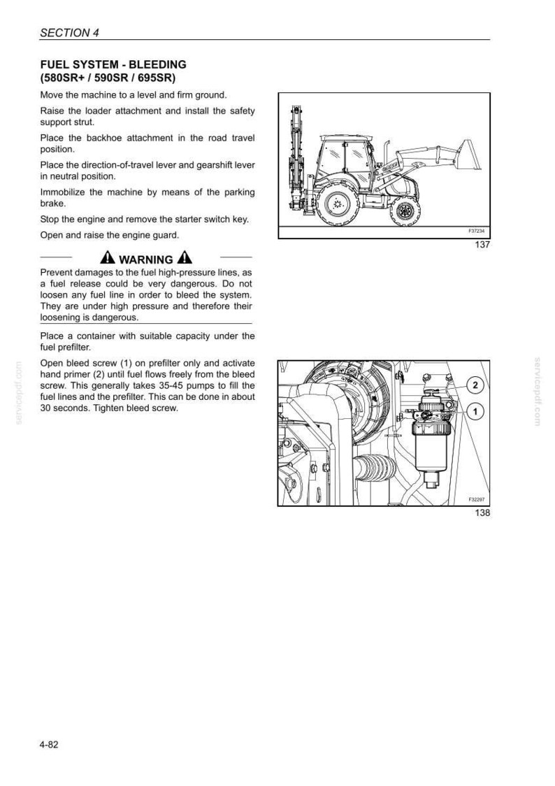 May include: Technical diagram illustrating fuel system bleeding procedures for a construction vehicle. The image includes a line drawing of the vehicle and detailed diagrams of the fuel prefilter. Text provides instructions and safety warnings.